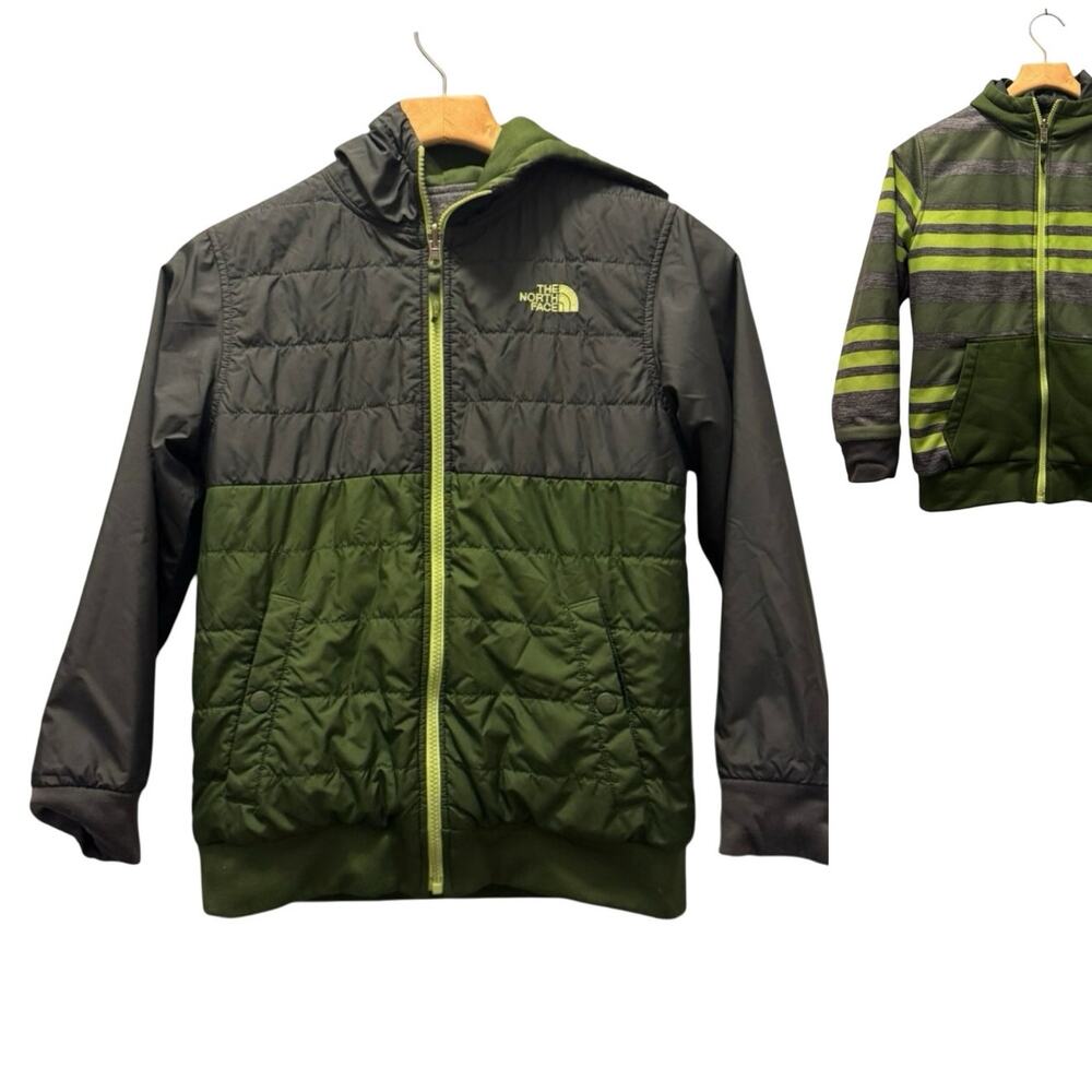 The North Face Boys Reversible Jacket 10 12 M Preriot Hooded Puffer Green Strip